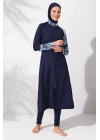 231913 Lacivert Desenli Uzunkollu Fermuarlı Tesettür Mayo Takımı