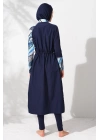 231913 Lacivert Desenli Uzunkollu Fermuarlı Tesettür Mayo Takımı