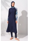 231913 Lacivert Desenli Uzunkollu Fermuarlı Tesettür Mayo Takımı