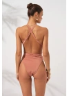 Bronz Camila Derin Sırt Dekolteli Belden Çapraz Bağlamalı High Leg Mayokini Çift Astarlı Pedli