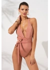 Bronz Camila Derin Sırt Dekolteli Belden Çapraz Bağlamalı High Leg Mayokini Çift Astarlı Pedli