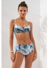 Mavi Ginger Karışık Desenli Göğüs Detaylı Toparlayıcı Bikini Takımı Yüksek Bel Balenli Askılı