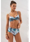 Mavi Ginger Karışık Desenli Göğüs Detaylı Toparlayıcı Bikini Takımı Yüksek Bel Balenli Askılı