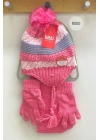 Kız Çocuk Renkli Şeritli Bere Atkı Eldiven Seti K22170-08 Fuşya