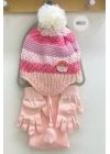 Kız Çocuk Renkli Şeritli Bere Atkı Eldiven Seti K22170-08 Pembe