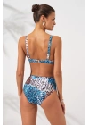 Mavi Leopar Balenli Kaplı Toparlayıcı Bikini Takımı Ayarlanabilir Askılı Yüksek Bel Drapeli Şık