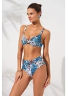 Mavi Leopar Balenli Kaplı Toparlayıcı Bikini Takımı Ayarlanabilir Askılı Yüksek Bel Drapeli Şık