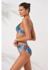 Mavi Leopar Balenli Kaplı Toparlayıcı Bikini Takımı Ayarlanabilir Askılı Yüksek Bel Drapeli Şık
