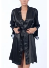 Kadın Siyah Gecelik Kimono Takım 5396