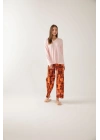 Pudra Renk V Yakalı Tarçın Desenli Kadın Pijama Takımı