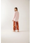 Pudra Renk V Yakalı Tarçın Desenli Kadın Pijama Takımı