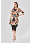Üstü Desenli Yarım Kol Yarı Kapalı Mayo