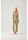 Fıstık Yeşil Çiçek Desenli Belden Bağlı Viskon Kadın Pijama Takımı