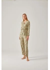 Fıstık Yeşil Çiçek Desenli Belden Bağlı Viskon Kadın Pijama Takımı