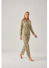 Fıstık Yeşil Çiçek Desenli Belden Bağlı Viskon Kadın Pijama Takımı