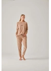 Bej Wild Taş Baskılı Kadife Kadın Pijama Takımı