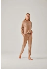 Bej Wild Taş Baskılı Kadife Kadın Pijama Takımı