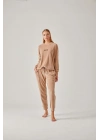 Bej Wild Taş Baskılı Kadife Kadın Pijama Takımı