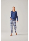 Lacivert Tişört & Lacivert Batik Viskon Kadın Pijama Takımı