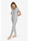 Kadın Krem Çiçek Desen Gömlek Yaka Pijama Takımı