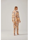 Kayısı Rengi Çiçek Desen Önden Düğmeli Viskon Kadın Pijama Takımı