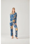 MAVİ İRİ ÇİÇEK DESENLİ ÖNDEN DÜĞMELİ PİJAMA TAKIMI
