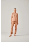 Somon Baskılı Tişört Puantiye Pantolon Viskon Kadın Pijama Takımı