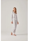 Gri Çizgili Önden Düğmeli Baskılı Modal Pamuk Kadın Pijama Takımı