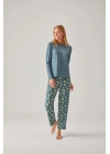 Koy Yeşil Çiçek Baskılı Bisiklet Yaka Viskon Kadın Pijama Takımı