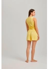 Sarı Kalın Askılı Viskon Kadın Şortlu Takım
