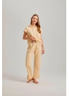 Bej Kısa Kol Kapşonlu Bel Aksesuarlı Iki Iplik Kadın Pantolonlu Takım