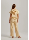 Bej Kısa Kol Kapşonlu Bel Aksesuarlı Iki Iplik Kadın Pantolonlu Takım