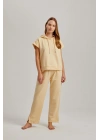 Bej Kısa Kol Kapşonlu Bel Aksesuarlı Iki Iplik Kadın Pantolonlu Takım