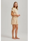 Bej Yandan Ipli Kadın Şortlu Müslin Takım
