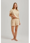 Bej Yandan Ipli Kadın Şortlu Müslin Takım