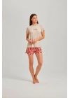 Taş Rengi Bisiklet Yaka Vogue Baskılı Dalga Desen Viskon Şortlu Kadın Pijama Takım