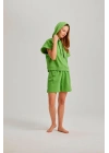 Yeşil Kısa Kol Kapşonlu Bel Aksesuarlı Iki Iplik Kadın Şortlu Takım