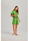 Yeşil Kısa Kol Kapşonlu Bel Aksesuarlı Iki Iplik Kadın Şortlu Takım