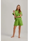Yeşil Kısa Kol Kapşonlu Bel Aksesuarlı Iki Iplik Kadın Şortlu Takım
