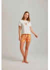 Ekru Baskılı Bisiklet Yaka Tişört Şal Desen Viskon Kadın Şortlu Takım