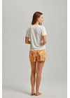 Ekru Baskılı Bisiklet Yaka Tişört Şal Desen Viskon Kadın Şortlu Takım