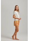 Ekru Baskılı Bisiklet Yaka Tişört Şal Desen Viskon Kadın Şortlu Takım
