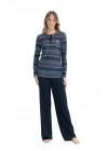 17113 Kadın Lacivert Uzun Kollu Yuvarlak Yaka Patlı Pijama Takım