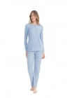 U.S. Polo Assn. 17099 Kadın Mavi Uzun Kollu Yuvarlak Yaka Patlı Pijama Takım