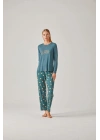 Yeşil Baskılı Tişört Puantiye Pantolon Viskon Kadın Pijama Takımı