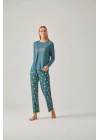 Yeşil Baskılı Tişört Puantiye Pantolon Viskon Kadın Pijama Takımı