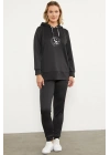 Dalgıç Kumaş Kapüşonlu Tunik Eşofman Takım - Siyah