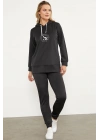 Dalgıç Kumaş Kapüşonlu Tunik Eşofman Takım - Siyah