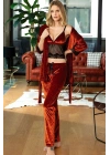 Kadın Kadife Dantelli Sabahlık Balensiz Desteksiz Dolgusuz Bralet Sütyen Ve Pantolon Pijama 3lü Takı