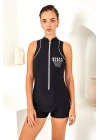 Sıfır Kol Şortlu Fermuarlı Sörfçü Mayo Yüzücü Mayo 4161 Siyah